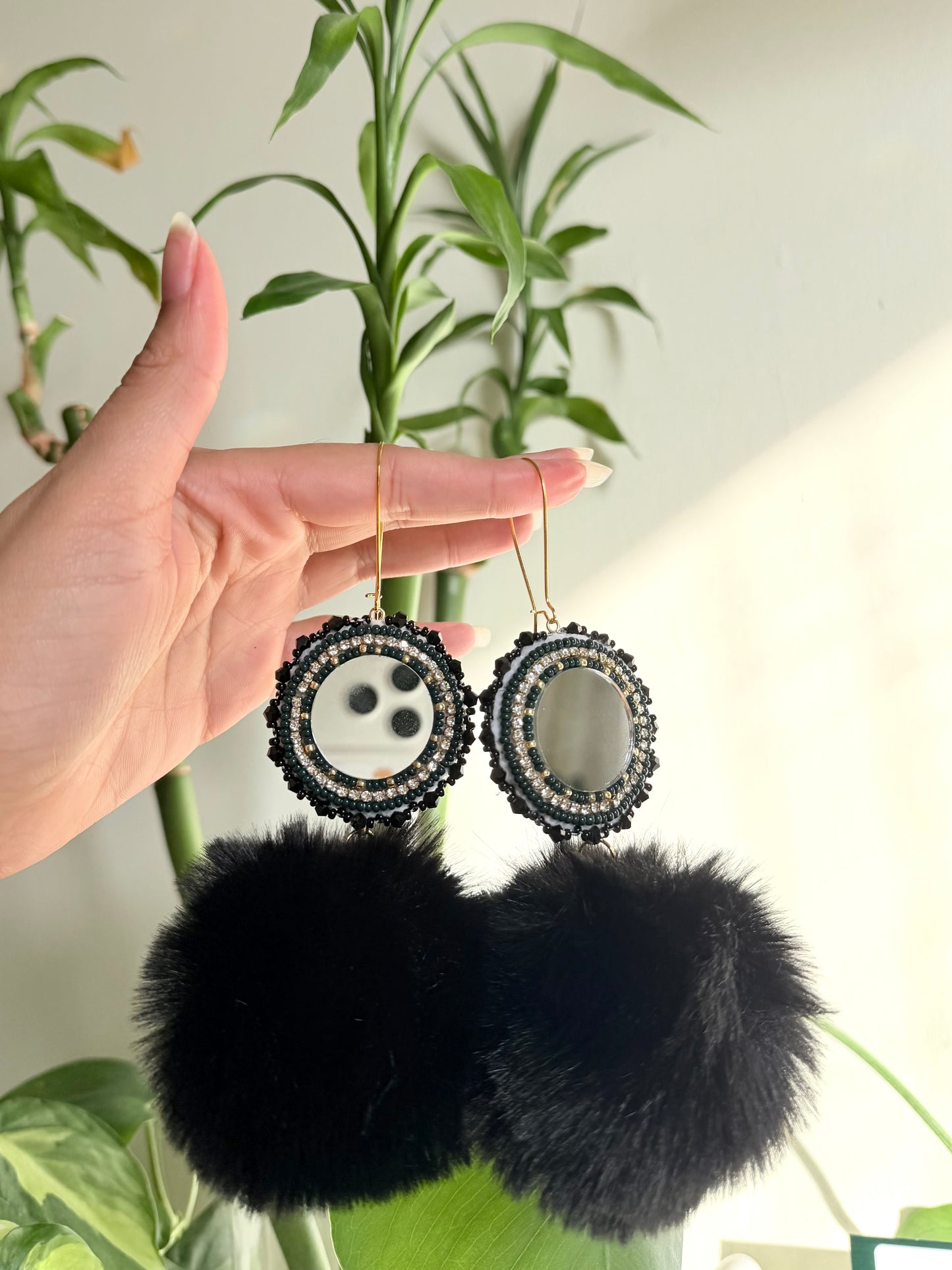 Forest green mirror pompom earrings