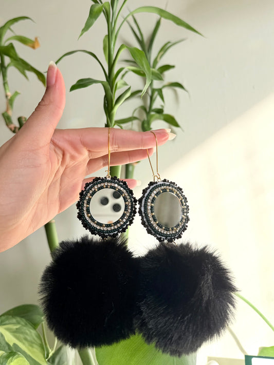 Forest green mirror pompom earrings